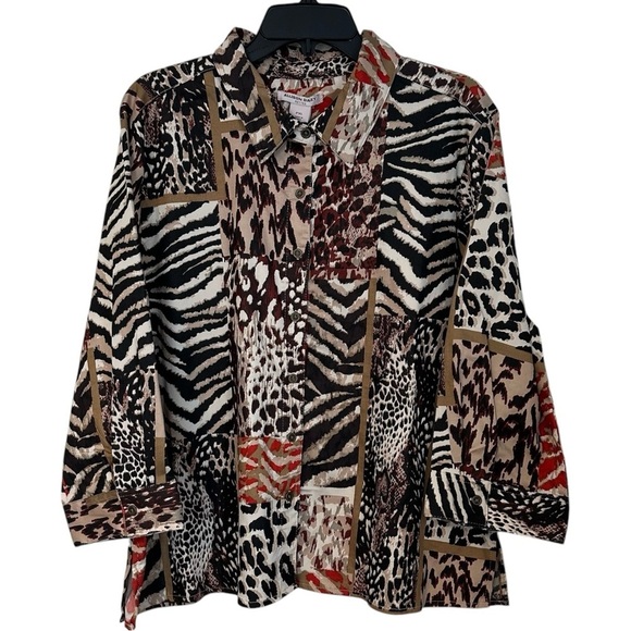 Allison Daley Shirt Button Up Animal Print Tan & Black Patchwork Size PXL - Picture 1 of 12